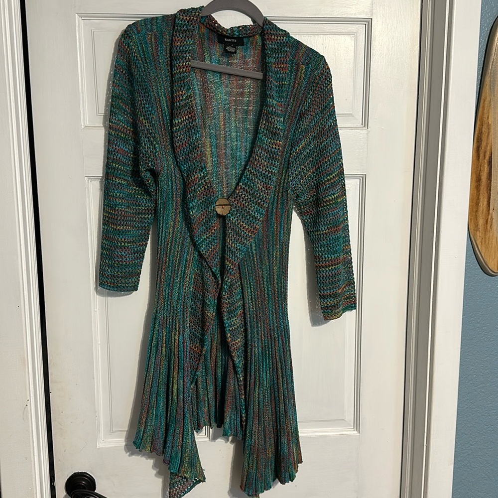 Women’s teal and multi color cardigan sweater. Light weight.